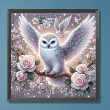 Lade das Bild in den Galerie-Viewer, Eule und weiße Rose -Diamond painting -30*30