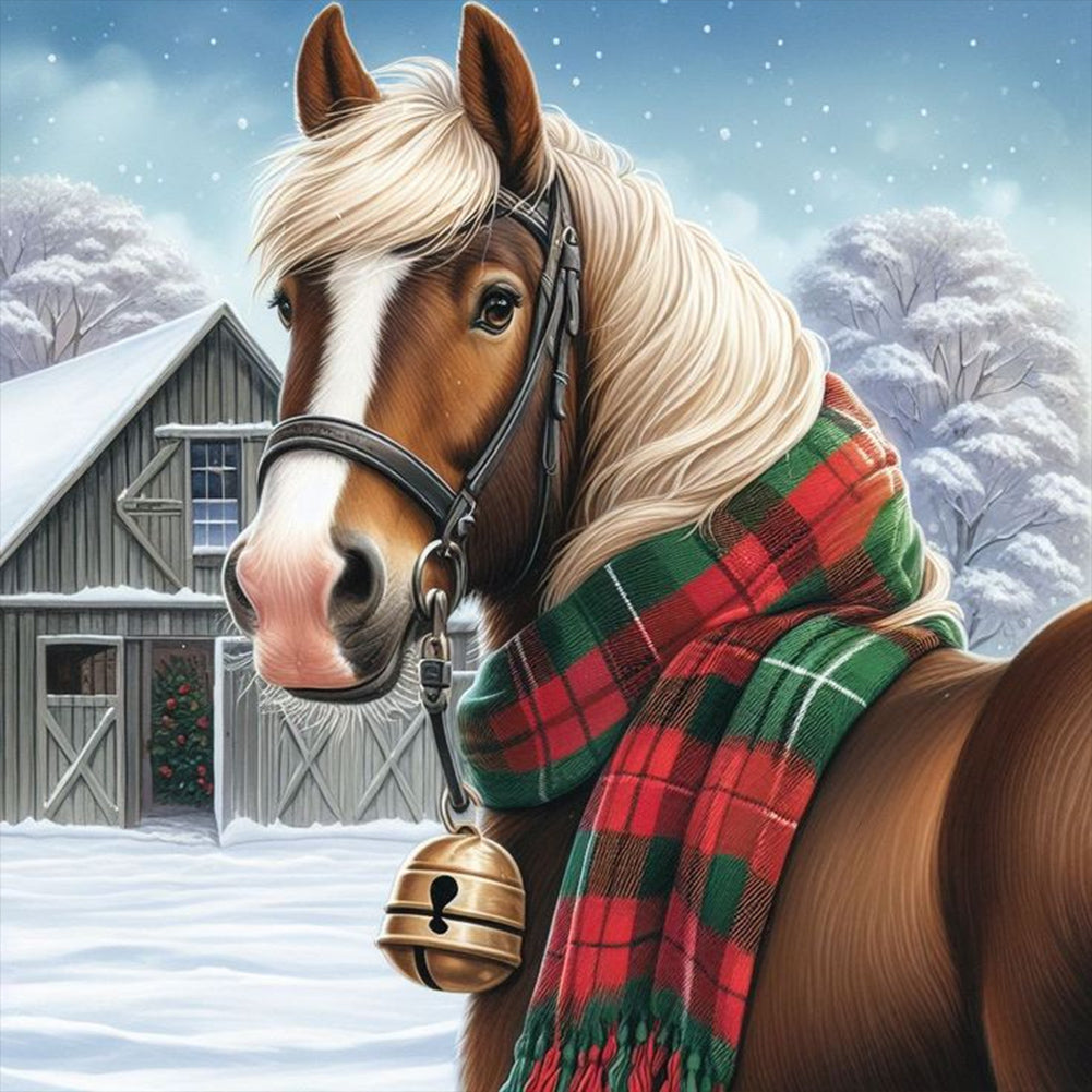Pferde in der Schneeszene-Voller Diamond Painting-30x30cm