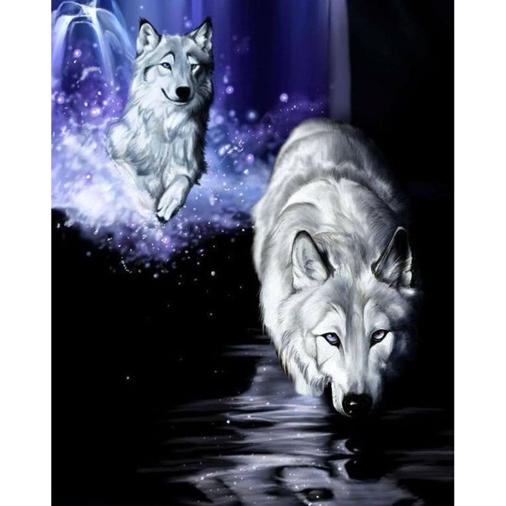 Laufender weißer Wolf - voller runder Diamant - 30x40cm