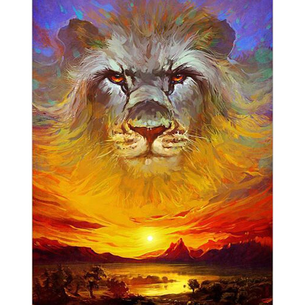 Löwen Sonnenuntergang - voller runder Diamant - 30x25cm