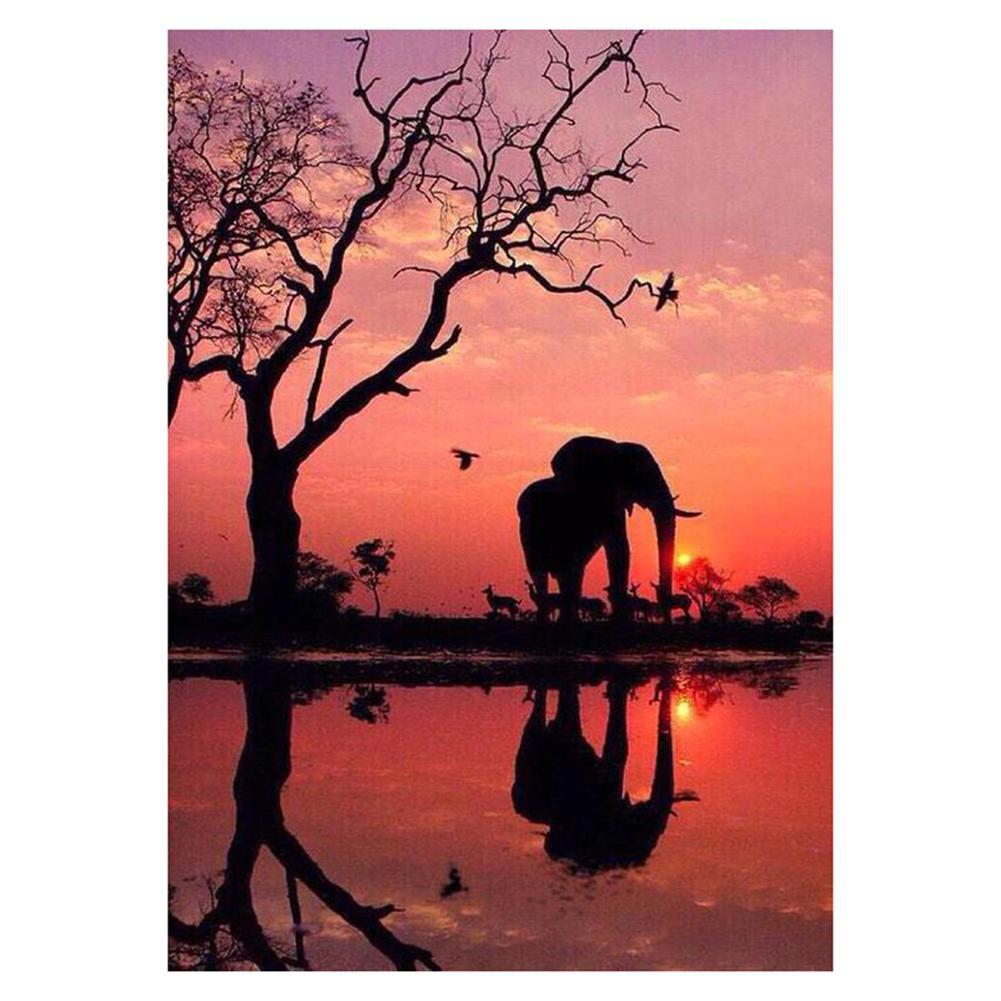 Elefant Sonnenuntergang - voller runder Diamant - 40x30cm