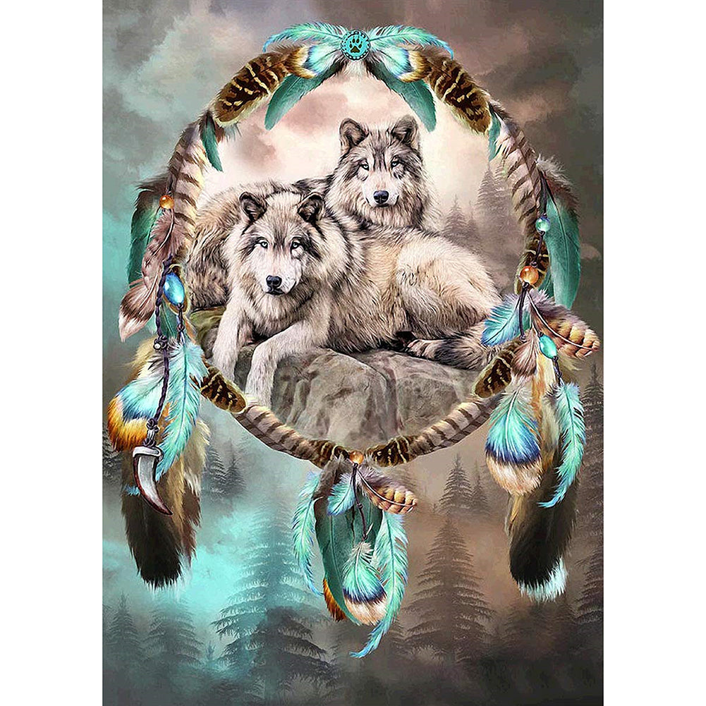 Wolf und Traumfänger - voller runder Diamant - 30x40cm