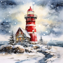 Lade das Bild in den Galerie-Viewer, Christmas Lighthouse-voller Round Diamond Painting-30x30cm