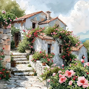 Hütte voller Blumen-Voll Round Diamond Painting-40x40cm