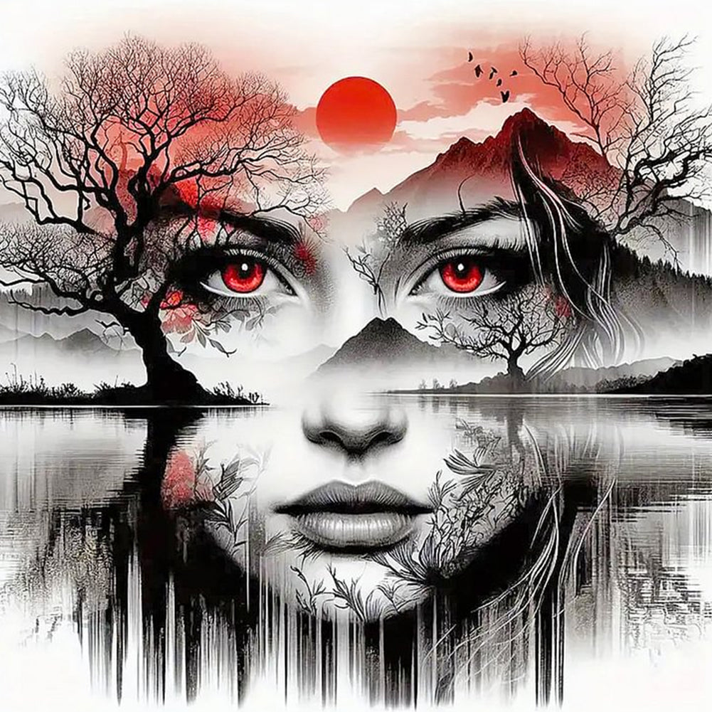 Frauenkopf Portrait Landschaft-Voll Round Diamond Painting-50x50cm