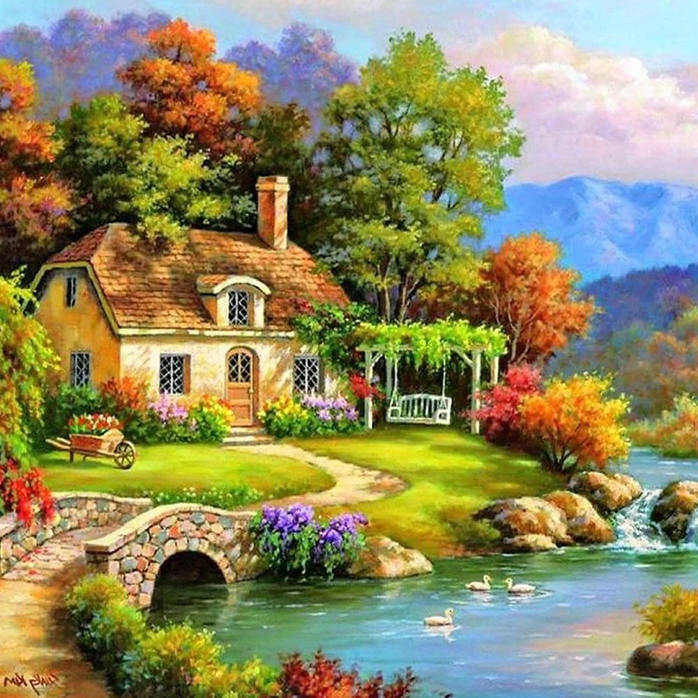 (Mehrere Größen rund/quadratisch) Entspannendes Dorf - Diamond painting