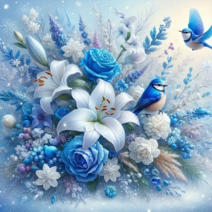 Blaue Blumen Vögel-Voll Round Diamond Painting-40x40cm