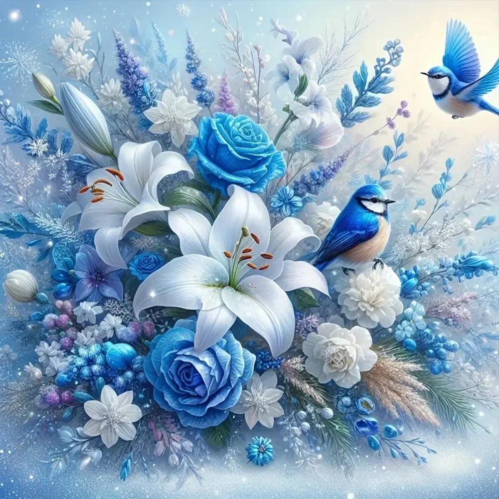 Blaue Blumen Vögel-Voll Round Diamond Painting-40x40cm