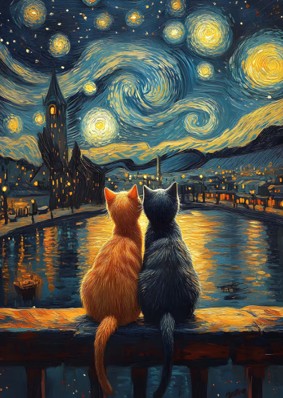 Starry Night Cats-Voll Round Diamond Painting-40x50cm