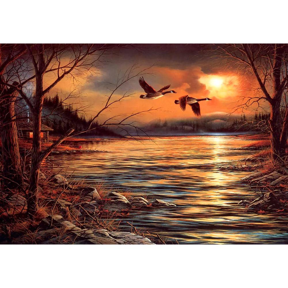 Sonnenuntergang Vogel see - voller runder Diamant - 40x30cm