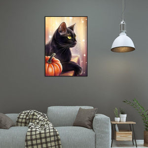 Schwarze Katze - voller runder Diamant - 30x40cm