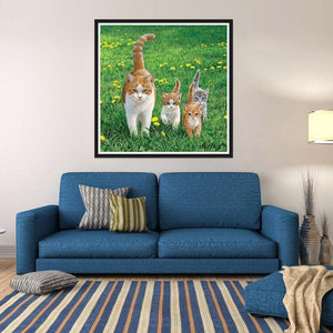 Katzen Familie - voller runder Diamant - 30x30cm