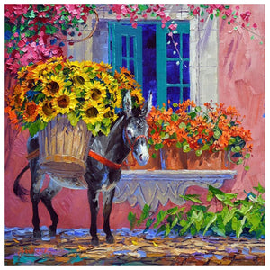 Esel Blumen - voller runder Diamant - 30x30cm