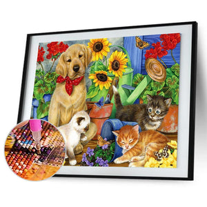 Katze und Hund - voller runder Diamant - 30x40cm