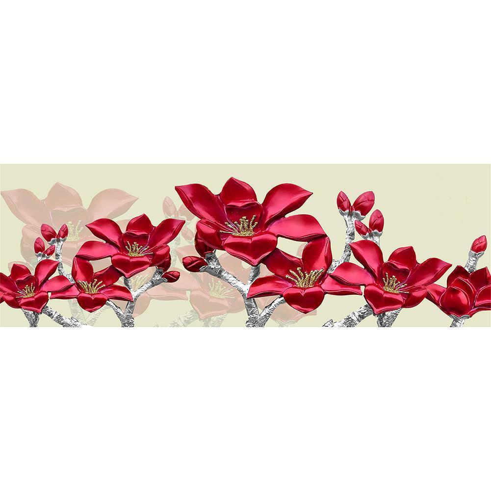 Rote Blume Nähte Landschaft - voller Runder Diamant - 80x30cm