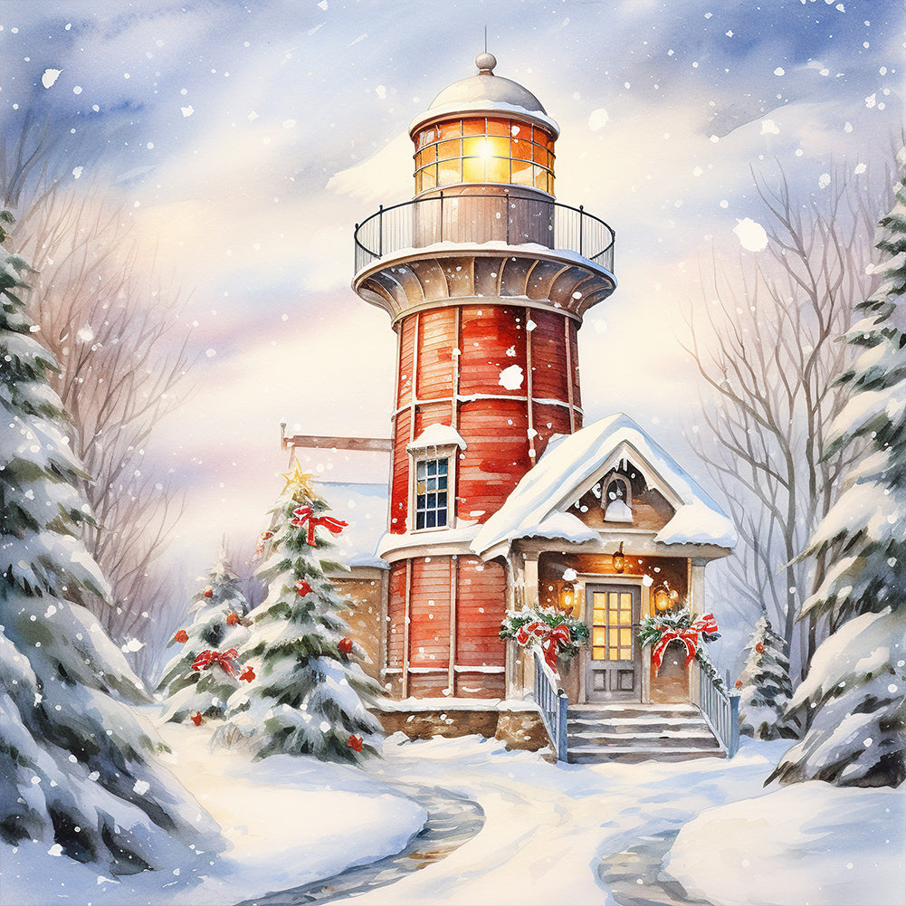Christmas Lighthouse-voller Round Diamond Painting-30x30cm